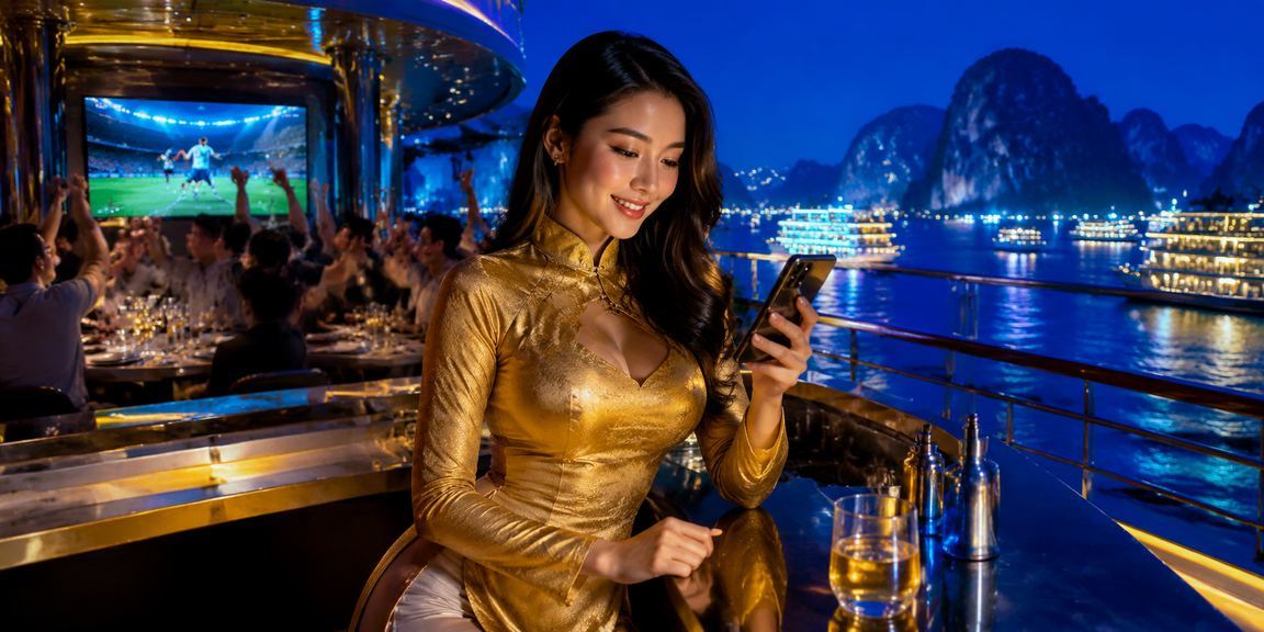 Người dùng theo dõi kèo cá cược qua điện thoại tại vịnh Hạ Long vào buổi tối